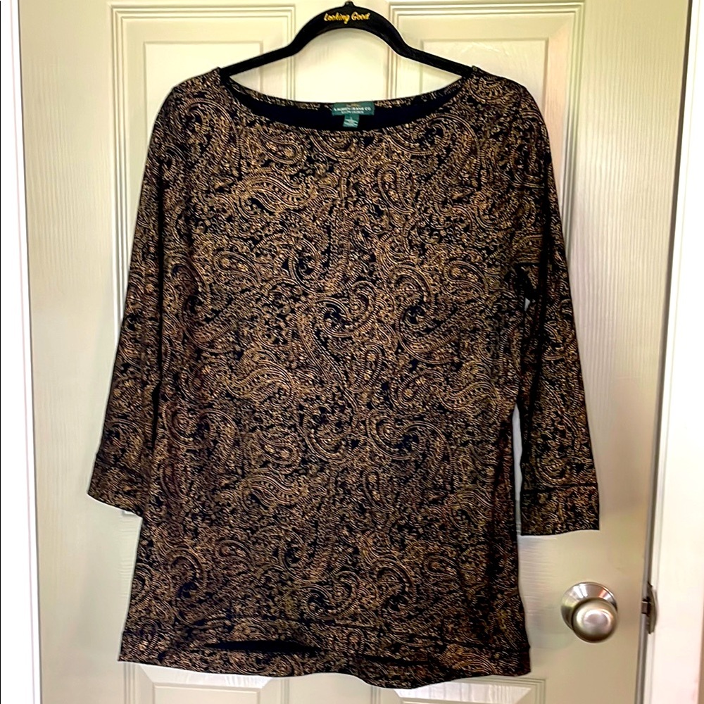 Classy LRL Ralph Lauren Black and Metallic Gold Paisley Blouse